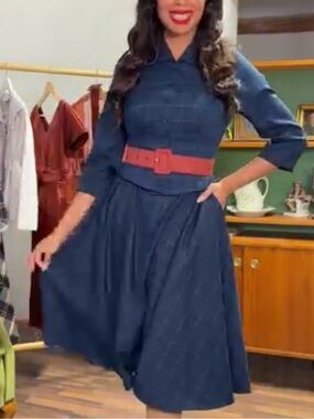 Misscandyfloss - NWT Navy Blue Vintage-Style Fit & Flare Dress with Red Belt